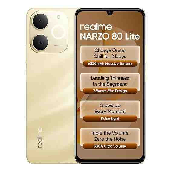 realme NARZO 80 Lite 4G (Beach Gold 2026, 4GB+64GB) | 6300mAh Segment's Biggest Battery | 7.94mm Slim Design | 300% Ultra Volume | Pulse Light: 9 Colors, 5 Glow Modes | Ai Assist